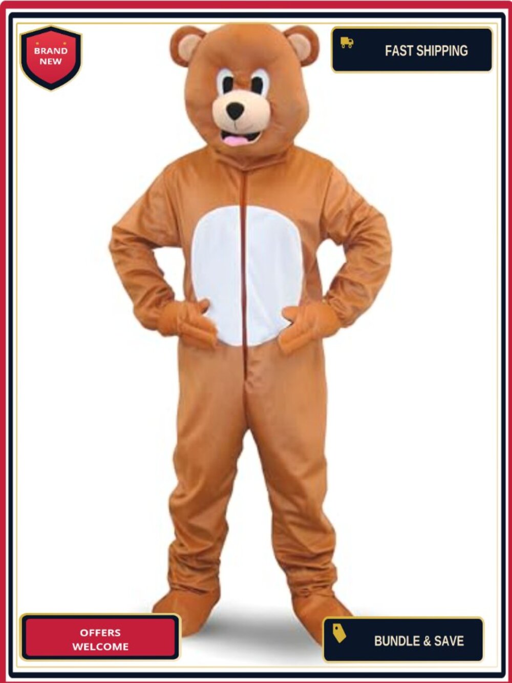 Complete Bear Mascot Costume Jumpsuit Mask Faux Fur Halloween